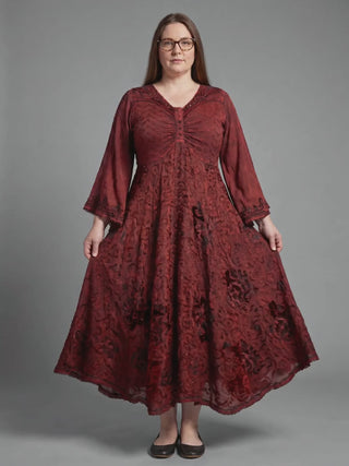 Khotang Rayon Crepe Butterfly Bell-Sleeve Midi Dress video, Burgundy