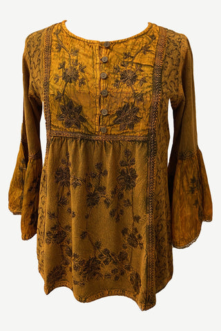 03 B Boho Medieval Embroidery Round Neck Blouse Top - Agan Traders, Old Gold