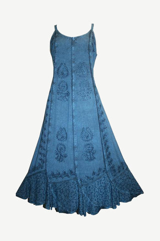Rayon Embroidered Scalloped Hem Gypsy Spaghetti Strap Dress - Agan Traders, Blue