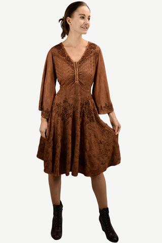 Medieval Roman Embroidered Bell Sleeve Flare Knee Length Baby Doll Dress - Agan Traders, Rust