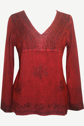 Renaissance Vintage V Neck Medieval Top Blouse - Agan Traders, Burgundy Red