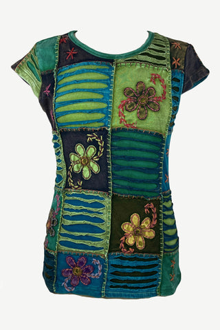 Knit Cotton Boho Razor Cut Embroidered Cap Sleeve Top Blouses - Agan Traders, Green