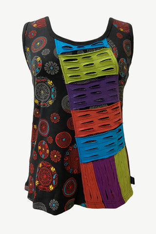   122 RB Knit Stonewashed Sleeveless Embroidered Printed Blouse - Agan Traders, Multi