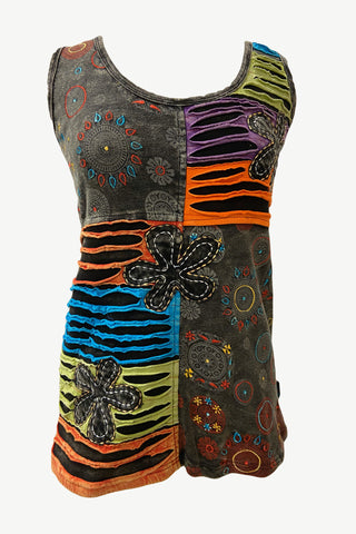   124 RB Knit Stonewashed Sleeveless Embroidered Printed Blouse - Agan Traders, Multi