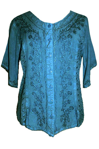 Scooped Neck Medieval Embroidered Blouse - Agan Traders, Navy Blue