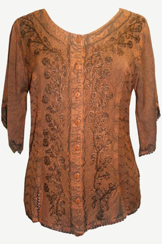 Scooped Neck Medieval  Embroidered Blouse - Agan Traders, Rust