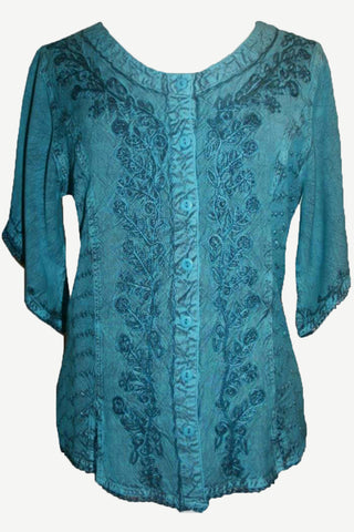 Scooped Neck Medieval  Embroidered Blouse - Agan Traders, Turquoise