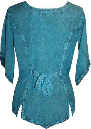 Scooped Neck Medieval  Embroidered Blouse - Agan Traders, Turquoise