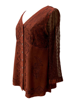  Medieval Victorian Gothic embroidered button down sheer lace sleeve blouse - Agan Traders, Burgundy