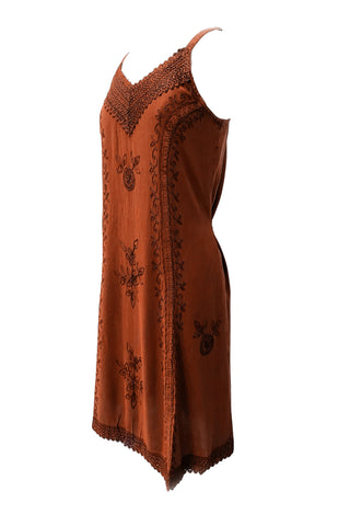 186020 DR Bohemian Medieval Spaghetti Strap V-Neckline Mid Calf Dress - Agan Traders, Orange Rust