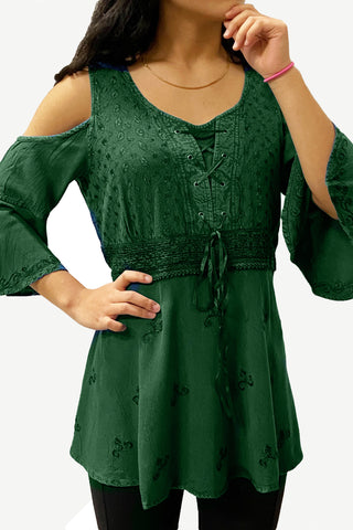 18608 B Bohemian Diamond Neck Cold Shoulder Embroidered Front Tie 3/4 Bell Sleeve Blouse - Agan Traders, E Green