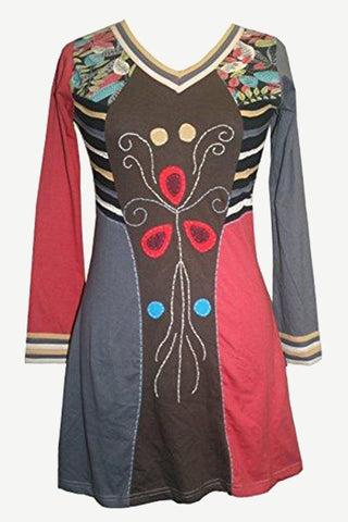 DR 656 Agan Traders Patches Gypsy Knit Cotton Misses Junior Mid Dress - Agan Traders