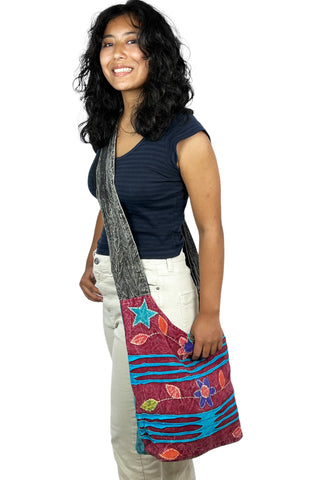 P- 21 Patchwork Rope Cotton Knitted Tie Dye Shoulder Bohemian Bag Purse - Agan Traders, Turquoise Burgundy