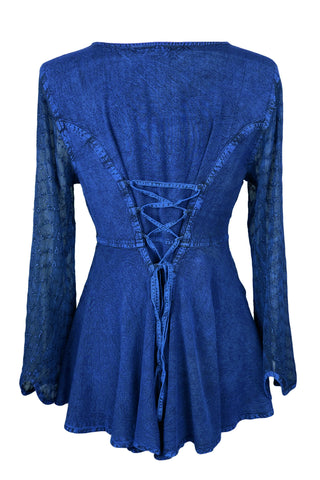 Medieval Gothic Embroidered Flare Sheer Lace Sleeve Top Blouse - Agan Traders, Blue