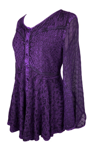 Medieval Gothic Embroidered Flare Sheer Lace Sleeve Top Blouse - Agan Traders, Purple