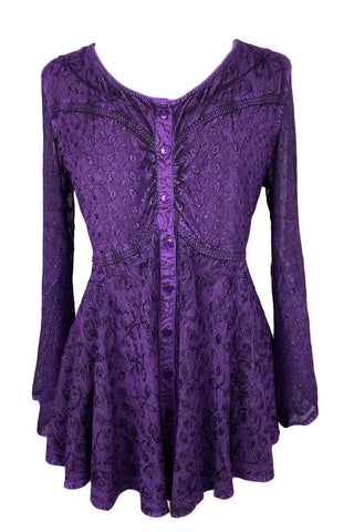 Medieval Gothic Embroidered Flare Sheer Lace Sleeve Top Blouse - Agan Traders, Purple