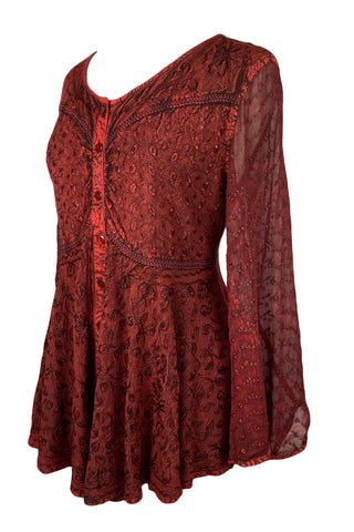 Medieval Gothic Embroidered Flare Sheer Lace Sleeve Top Blouse - Agan Traders, Burgundy