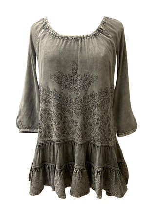 304 B Scooped Neck Ruffle Hem Bohemian Tunic - Agan Traders, Silver