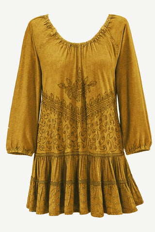 304 B Scooped Neck Ruffle Hem Bohemian Tunic - Agan Traders, Old Gold