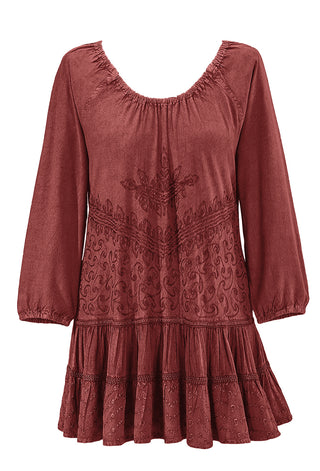 304 B Scooped Neck Ruffle Hem Bohemian Tunic - Agan Traders, Wine Burgundy
