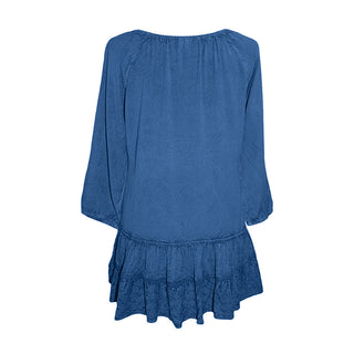 304 B Scooped Neck Ruffle Hem Bohemian Tunic - Agan Traders, Blue