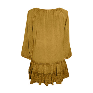 304 B Scooped Neck Ruffle Hem Bohemian Tunic - Agan Traders, Old Gold