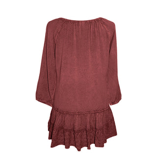 304 B Scooped Neck Ruffle Hem Bohemian Tunic - Agan Traders, Wine Burgundy