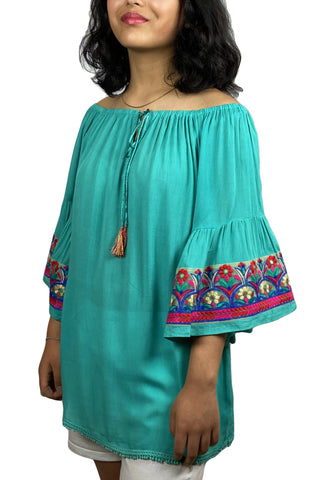 Rayon crape Bohemian Medieval Bell Sleeve Embroidered Rope Tie Tunic Blouse - Agan Traders, Ocean Green