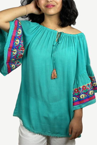 Rayon crape Bohemian Medieval Bell Sleeve Embroidered Rope Tie Tunic Blouse - Agan Traders, Ocean Green