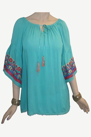 Rayon crape Bohemian Medieval Bell Sleeve Embroidered Rope Tie Tunic Blouse - Agan Traders, Ocean Green