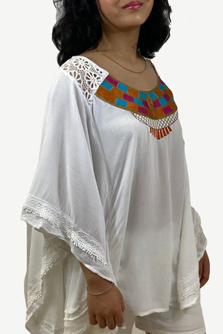 Sinja Embroidered White Rayon Crepe Poncho