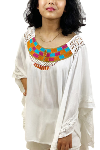 Sinja Embroidered White Rayon Crepe Poncho
