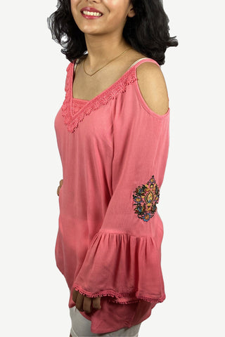 3809 B Cold Shoulder Stylish Embroidered Patched Tunic Blouse - Agan Traders, Peach