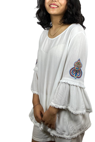 Rayon crape Bohemian Medieval Embroidered Top Blouse - Agan Traders, White