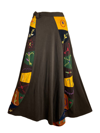 406 Skt Rib Knit Cotton Stripe Patched Bohemian Adjustable Wrapper Skirt Maxi  - Agan Traders, Brown