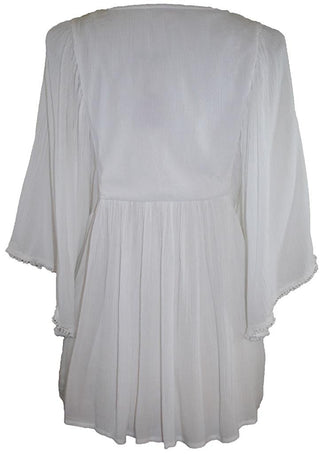 Rayon Crape Bohemian Medieval Short Wide Sleeve Embroidered Tunic Blouse - Agan Traders, White