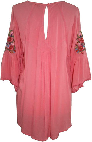 Rayon Crape Bohemian Medieval Bell Sleeve Embroidered Tunic Blouse - Agan Traders, Pink