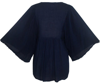 Rayon Crape Bohemian Medieval Short Wide Sleeve Embroidered Tunic Blouse - Agan Traders, Navy