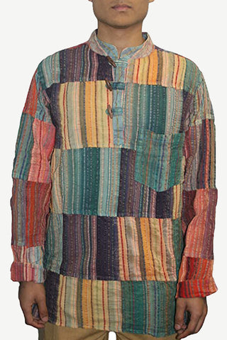 Cotton Patchwork Mandarin Style Light Weight Tunic Shirt Nepal - Agan Traders, Yellow Multi