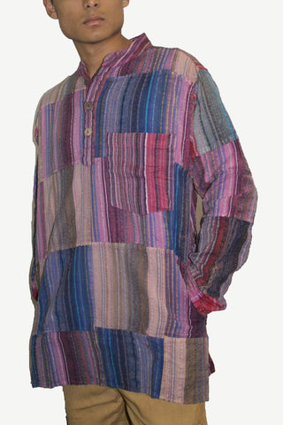 525-2 MS Light Weight Cotton Patchwork Mandarin Henley Shirt - Agan Traders, Purple Multi