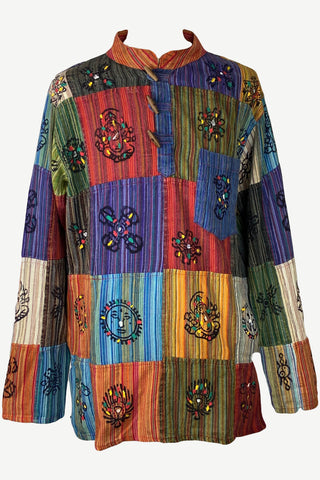 Light Weight Cotton Patchwork Mandarin Style Henley Tunic Kurta Shirt Top - Agan Traders, Multi 1