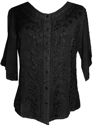 Scooped Neck Medieval  Embroidered Blouse - Agan Traders, Black