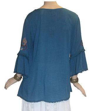Rayon crape Bohemian Medieval Embroidered Top Blouse - Agan Traders, Teal Blue