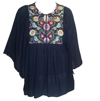 Rayon Crape Bohemian Medieval Short Wide Sleeve Embroidered Tunic Blouse - Agan Traders, Navy