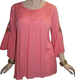 Rayon Crape Bohemian Medieval Bell Sleeve Embroidered Tunic Blouse - Agan Traders, Pink
