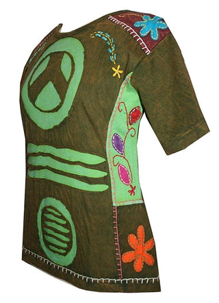 Rib Cotton Peace Symbol Top T-shirt Blouse - Agan Traders, Olive Green
