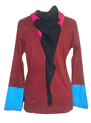 R 343 Agan Traders Rib Cotto Elf Hoodie Floral Embroidered Bohemian Jacket - Agan Traders, Maroon Multi