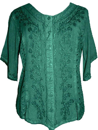Scooped Neck Medieval  Embroidered Blouse - Agan Traders, Green