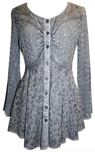 Medieval Gothic Embroidered Flare Sheer Lace Sleeve Top Blouse - Agan Traders, Silver Gray