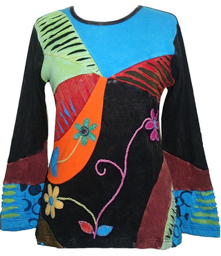 Rib Cotton Patched Embroidered Bohemian Gypsy Blouse - Agan Traders, Blue Multi
